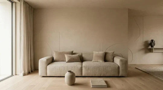 Intérieur moderne avec palette monochrome beige montrant un canapé minimaliste dans un espace harmonieux