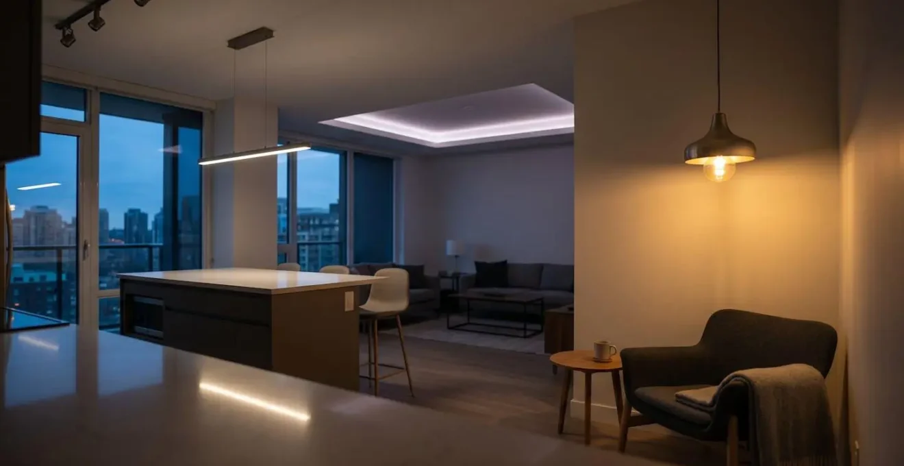 Plan d'éclairage architectural avec zones lumineuses délimitant les espaces de vie