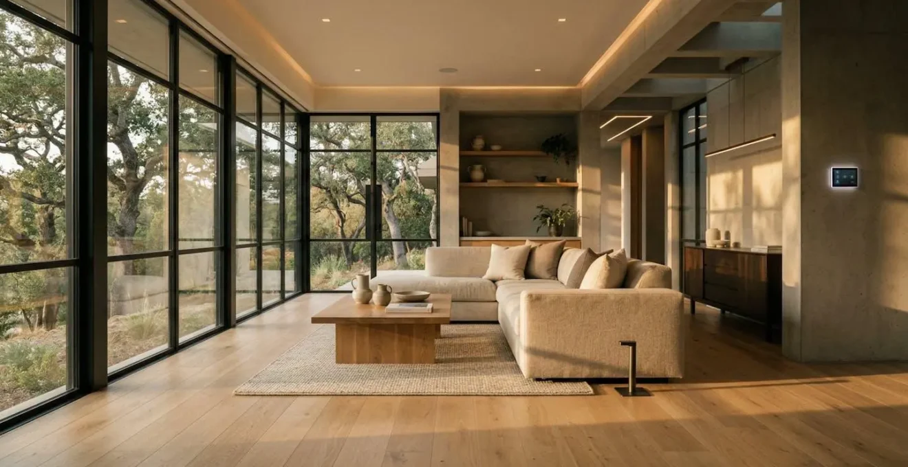 Plan électrique d'un salon moderne avec optimisation de l'éclairage naturel et artificiel