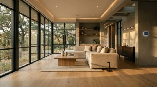 Plan électrique d'un salon moderne avec optimisation de l'éclairage naturel et artificiel