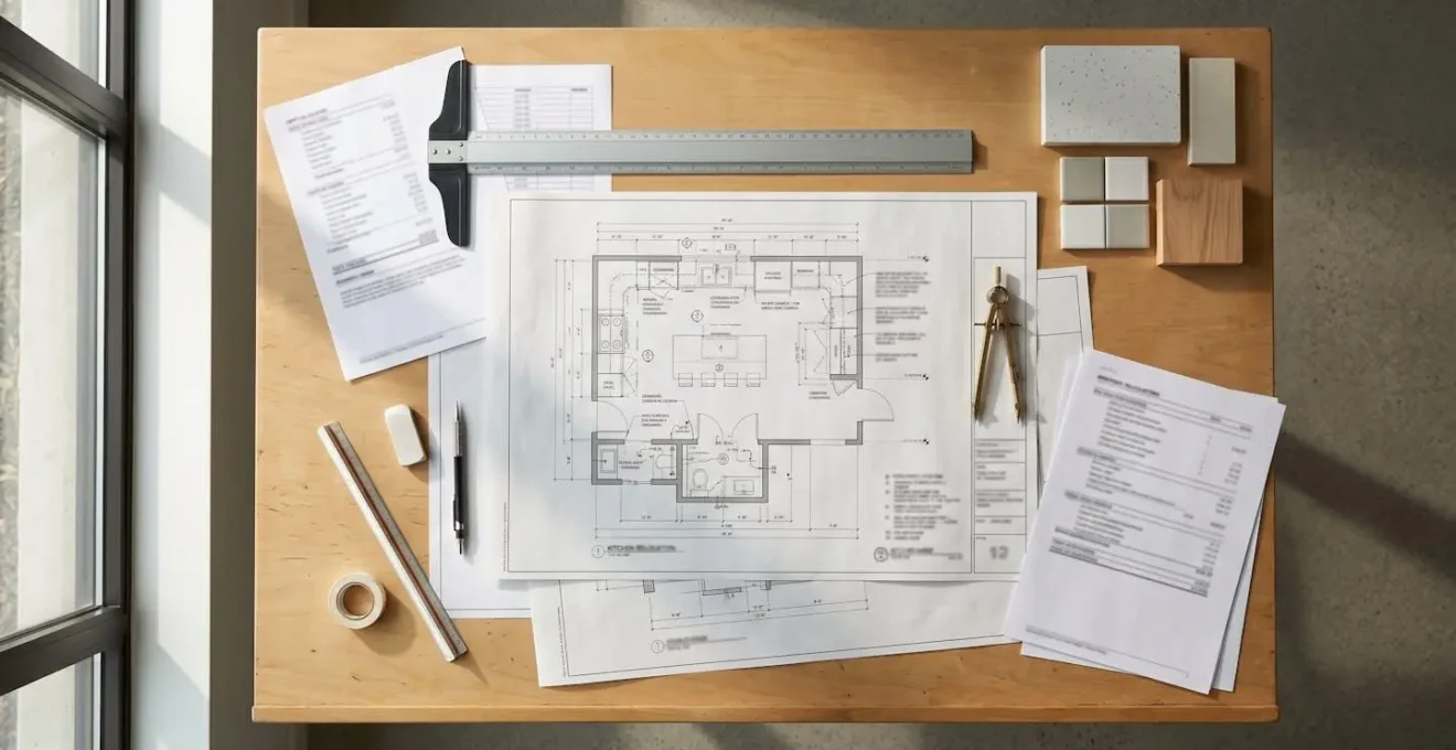 Vue aérienne d'un plan d'architecte montrant le déplacement d'une cuisine avec les réseaux de plomberie