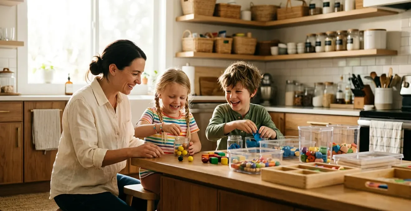 Famille organisée dans une cuisine lumineuse avec des systèmes de rangement intelligents et des enfants participant activement