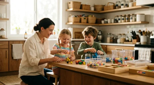 Famille organisée dans une cuisine lumineuse avec des systèmes de rangement intelligents et des enfants participant activement