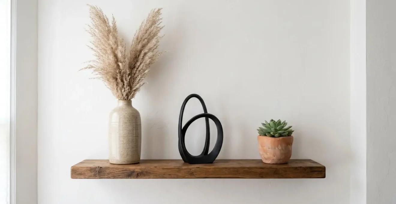 Trois objets décoratifs de hauteurs différentes disposés sur une étagère créant une composition harmonieuse