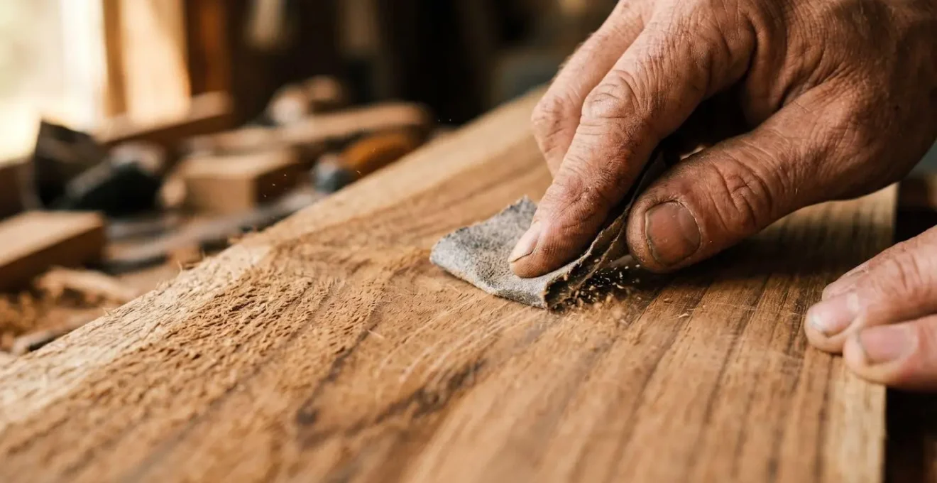 Gros plan sur les mains d'un artisan ponçant délicatement un buffet en teck vintage