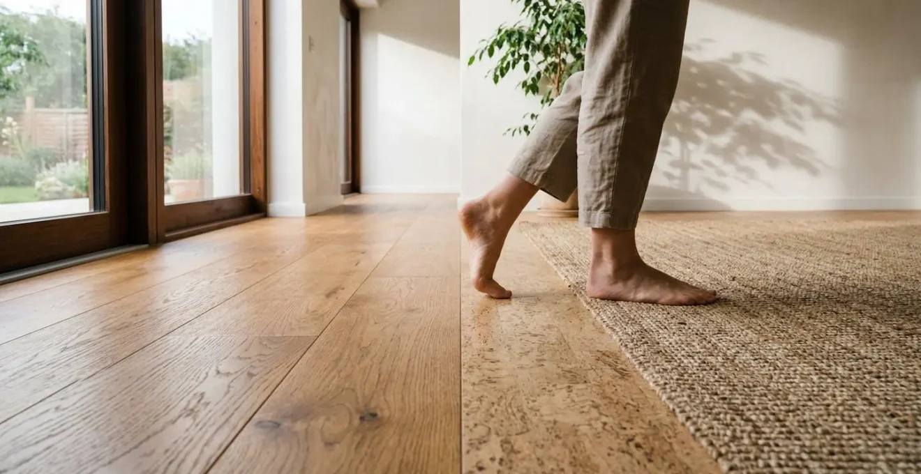 Intérieur chaleureux avec différents revêtements de sol naturels : parquet en chêne huilé, liège texturé et jonc de mer tressé, pieds nus visibles sur les surfaces