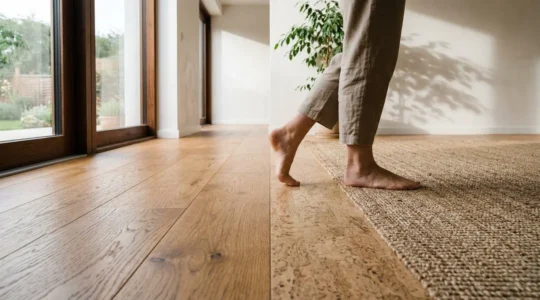 Intérieur chaleureux avec différents revêtements de sol naturels : parquet en chêne huilé, liège texturé et jonc de mer tressé, pieds nus visibles sur les surfaces