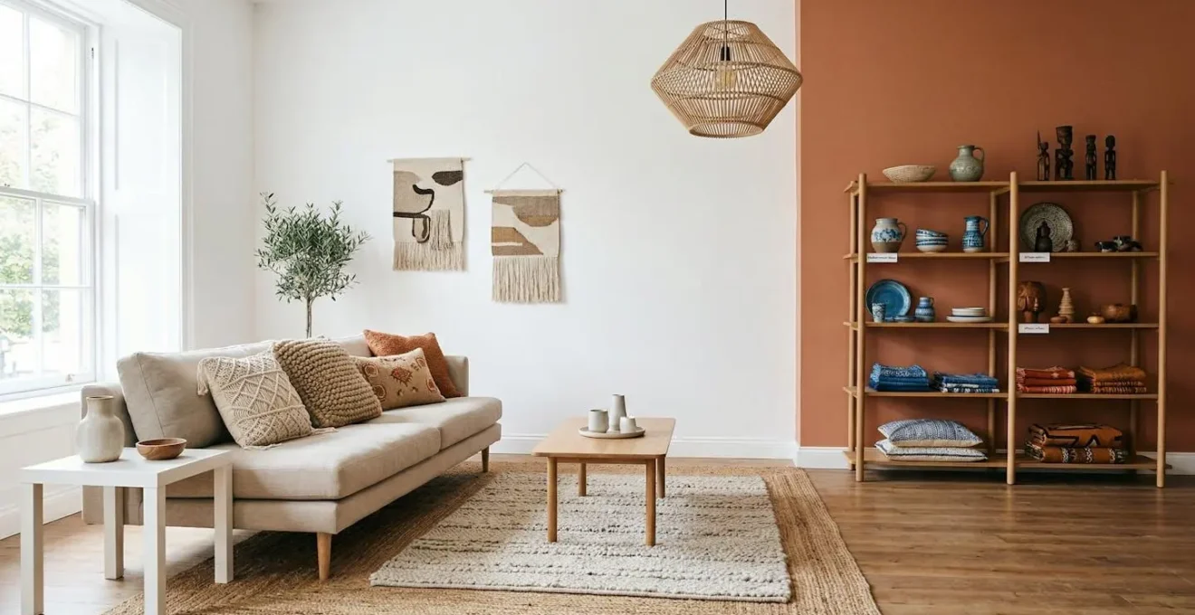 Salon lumineux avec canapé beige, coussins texturés, tapis berbère superposés et objets de voyage organisés par couleurs sur étagères en bois