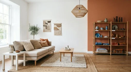 Salon lumineux avec canapé beige, coussins texturés, tapis berbère superposés et objets de voyage organisés par couleurs sur étagères en bois