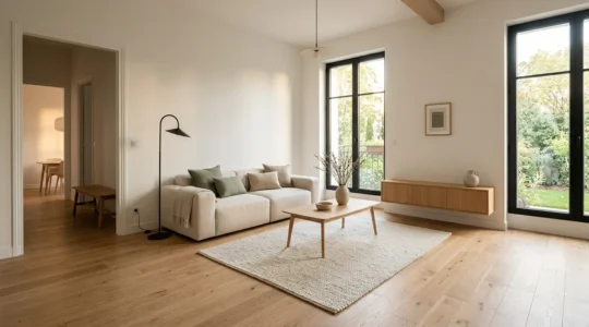 Vue d'ensemble d'un salon lumineux avec circulation fluide entre les différentes zones