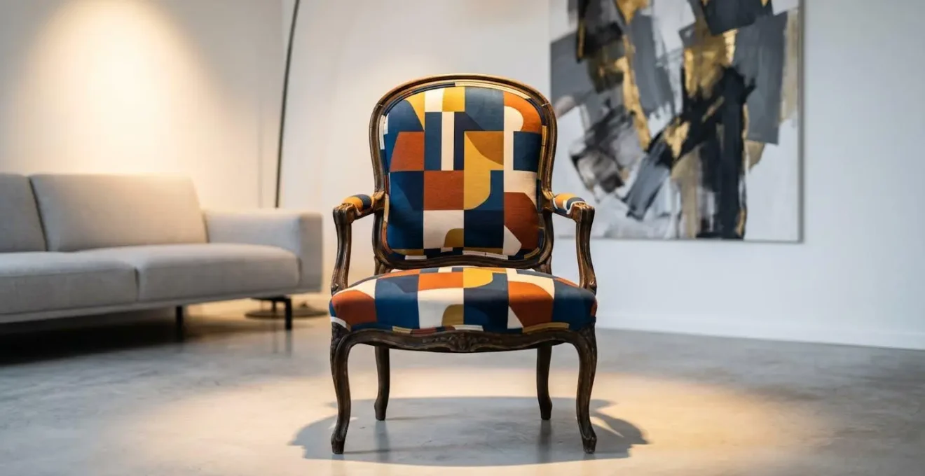 Salon moderne avec fauteuil ancien restauré comme pièce maîtresse