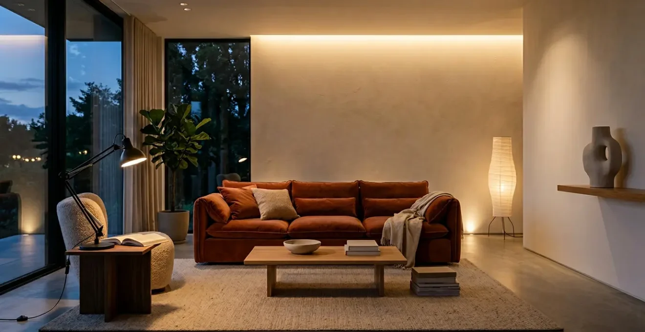 Salon moderne avec éclairage doux et chaleureux adapté au rythme circadien du soir