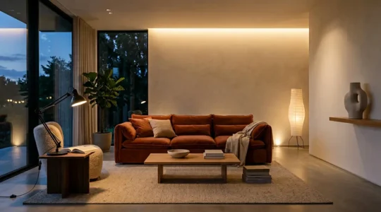 Salon moderne avec éclairage doux et chaleureux adapté au rythme circadien du soir