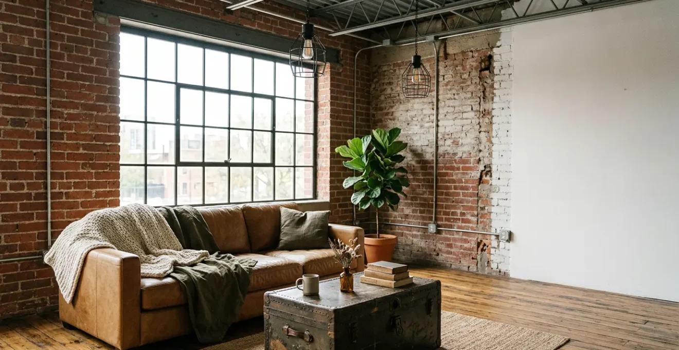 Salon de style industriel avec un mélange harmonieux de matériaux bruts et de confort moderne, montrant l'équilibre entre caractère et chaleur