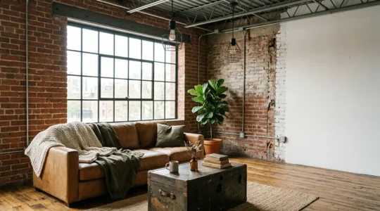 Salon de style industriel avec un mélange harmonieux de matériaux bruts et de confort moderne, montrant l'équilibre entre caractère et chaleur