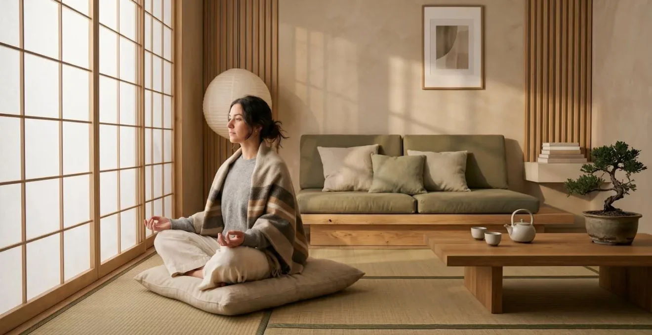 Salon de style Japandi avec futon bas et éléments naturels créant une atmosphère zen
