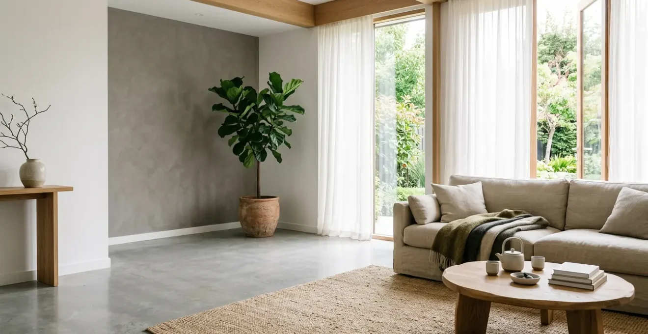 Salon de style Japandi avec canapé en lin beige, table basse en bois clair et lumière naturelle douce