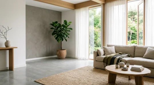 Salon de style Japandi avec canapé en lin beige, table basse en bois clair et lumière naturelle douce