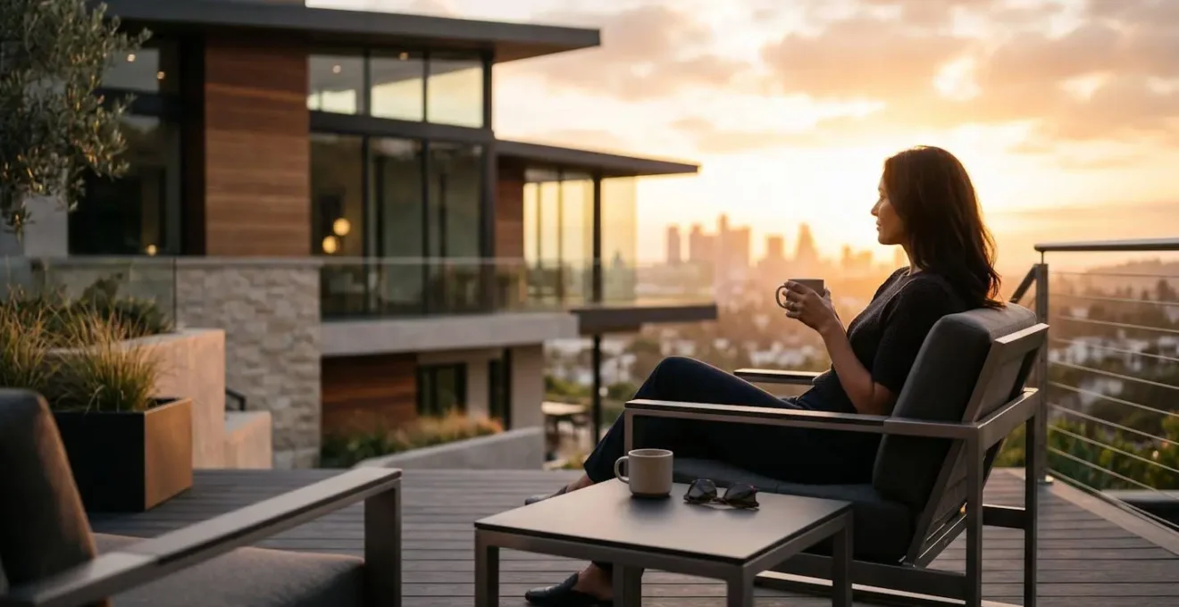 Salon de jardin minimaliste en HPL et aluminium sur terrasse moderne au coucher du soleil