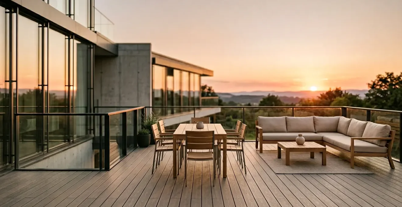 Terrasse contemporaine avec salon de jardin design en bois et métal aux lignes épurées
