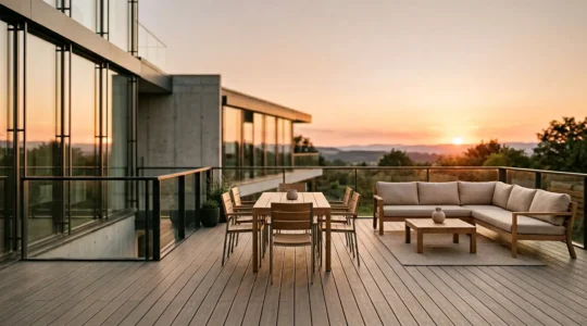 Terrasse contemporaine avec salon de jardin design en bois et métal aux lignes épurées