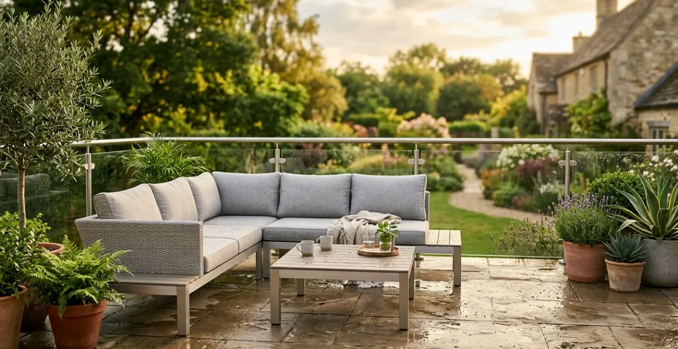 Salon de jardin en aluminium sur une terrasse contemporaine avec vue sur jardin verdoyant