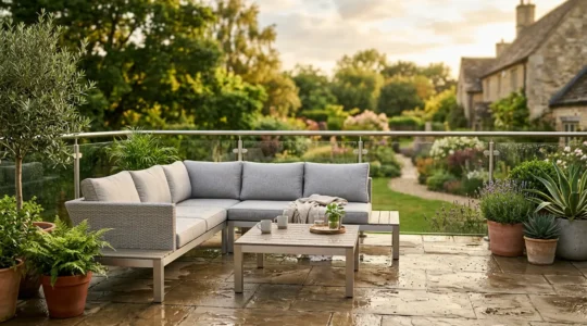 Salon de jardin en aluminium sur une terrasse contemporaine avec vue sur jardin verdoyant