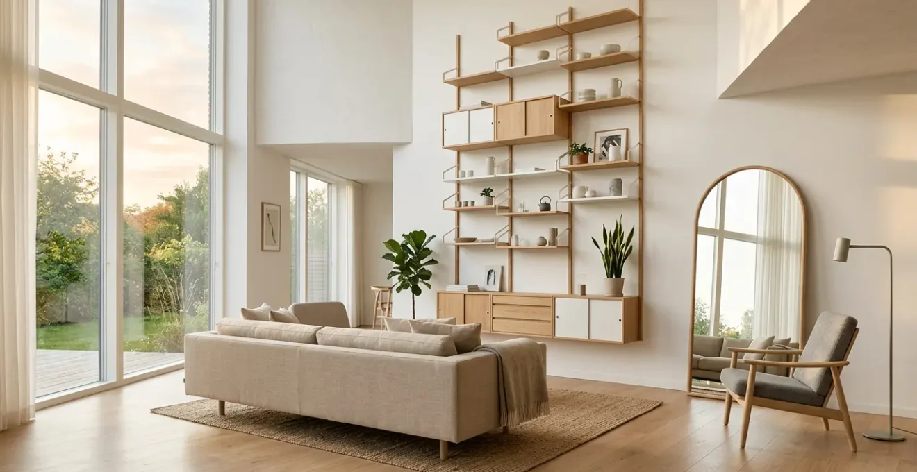 Salon moderne avec grandes fenêtres et mobilier bas créant une sensation d'espace aéré