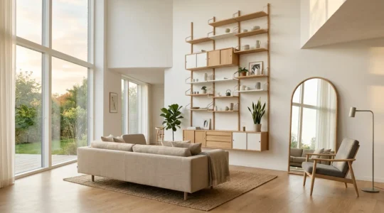 Salon moderne avec grandes fenêtres et mobilier bas créant une sensation d'espace aéré