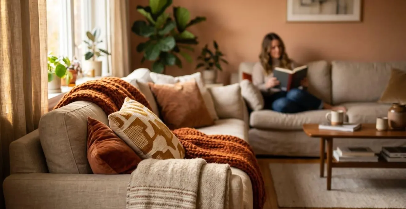 Salon minimaliste avec canapé neutre et coussins colorés créant une ambiance saisonnière