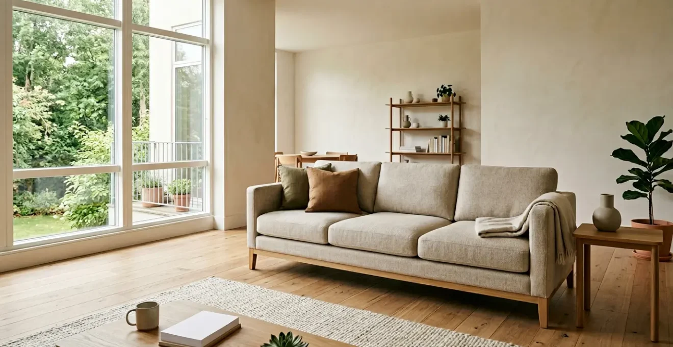 Salon contemporain avec canapé à assise haute densité montrant le confort et la durabilité de la mousse HR 35kg/m³