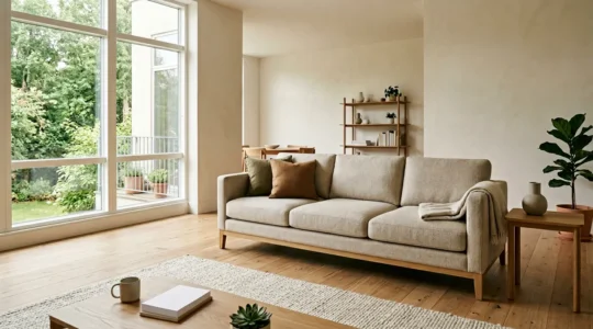 Salon contemporain avec canapé à assise haute densité montrant le confort et la durabilité de la mousse HR 35kg/m³