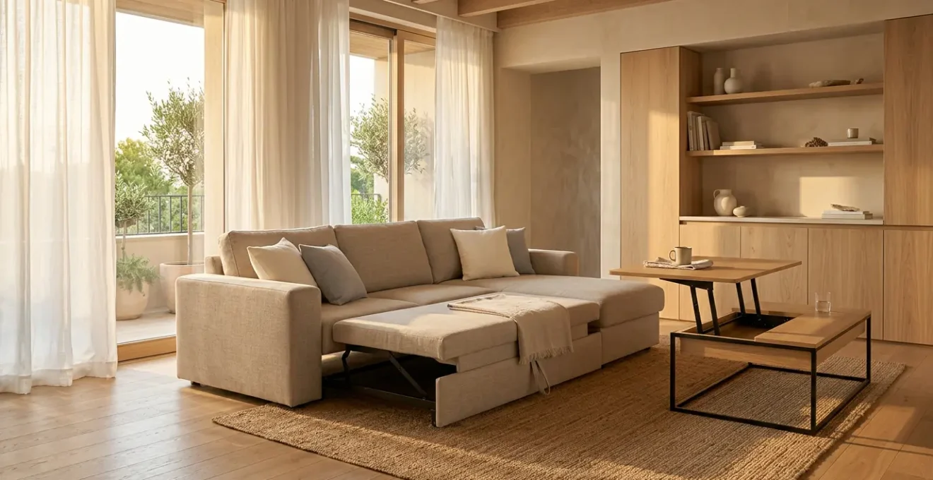 Salon moderne avec canapé modulable convertible et table basse relevable en position de transition