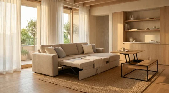 Salon moderne avec canapé modulable convertible et table basse relevable en position de transition