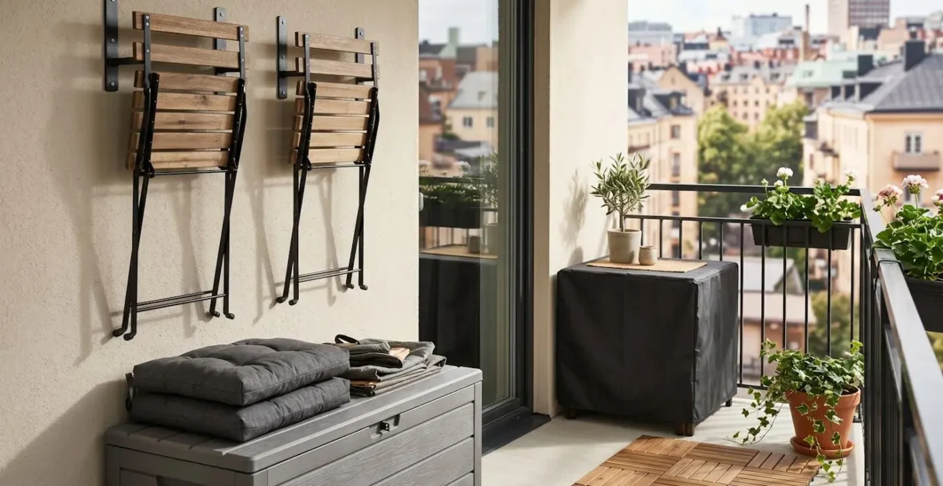 Organisation astucieuse de mobilier de jardin sur un balcon avec système de rangement vertical