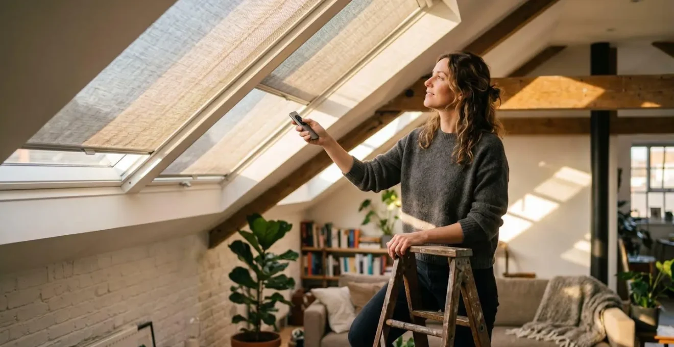 Verrières de toit avec stores motorisés partiellement déployés dans un loft lumineux