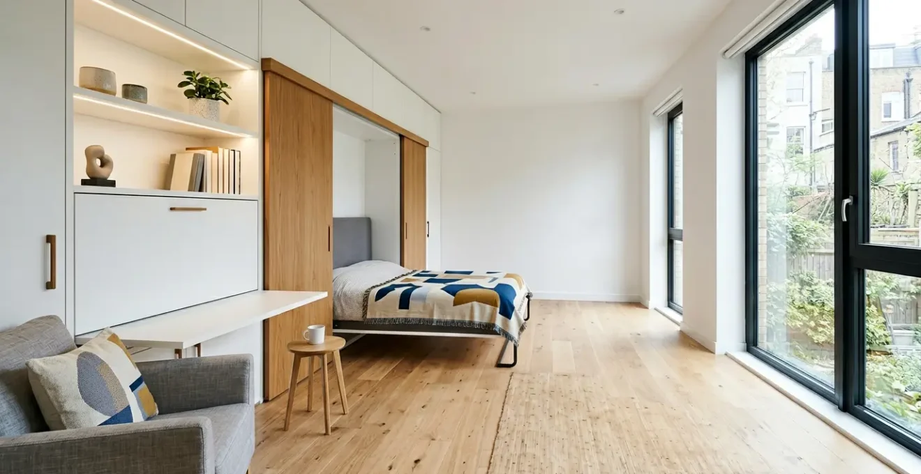 Studio contemporain avec mobilier encastrable multifonctionnel maximisant l'utilisation de l'espace