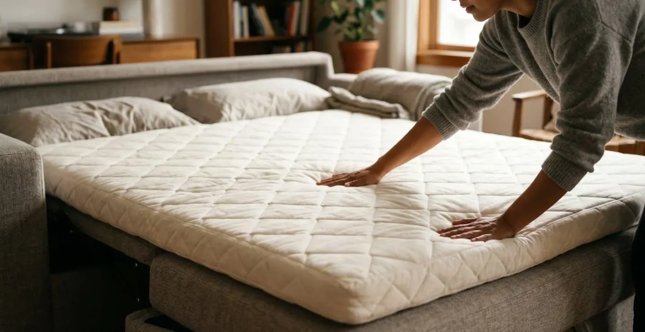Personne installant un surmatelas sur un canapé convertible ouvert
