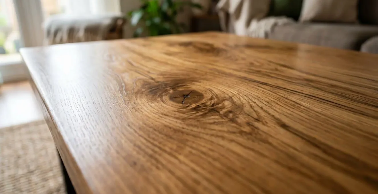 Table basse en palette de bois avec finition soignée et plateau lisse dans un salon moderne