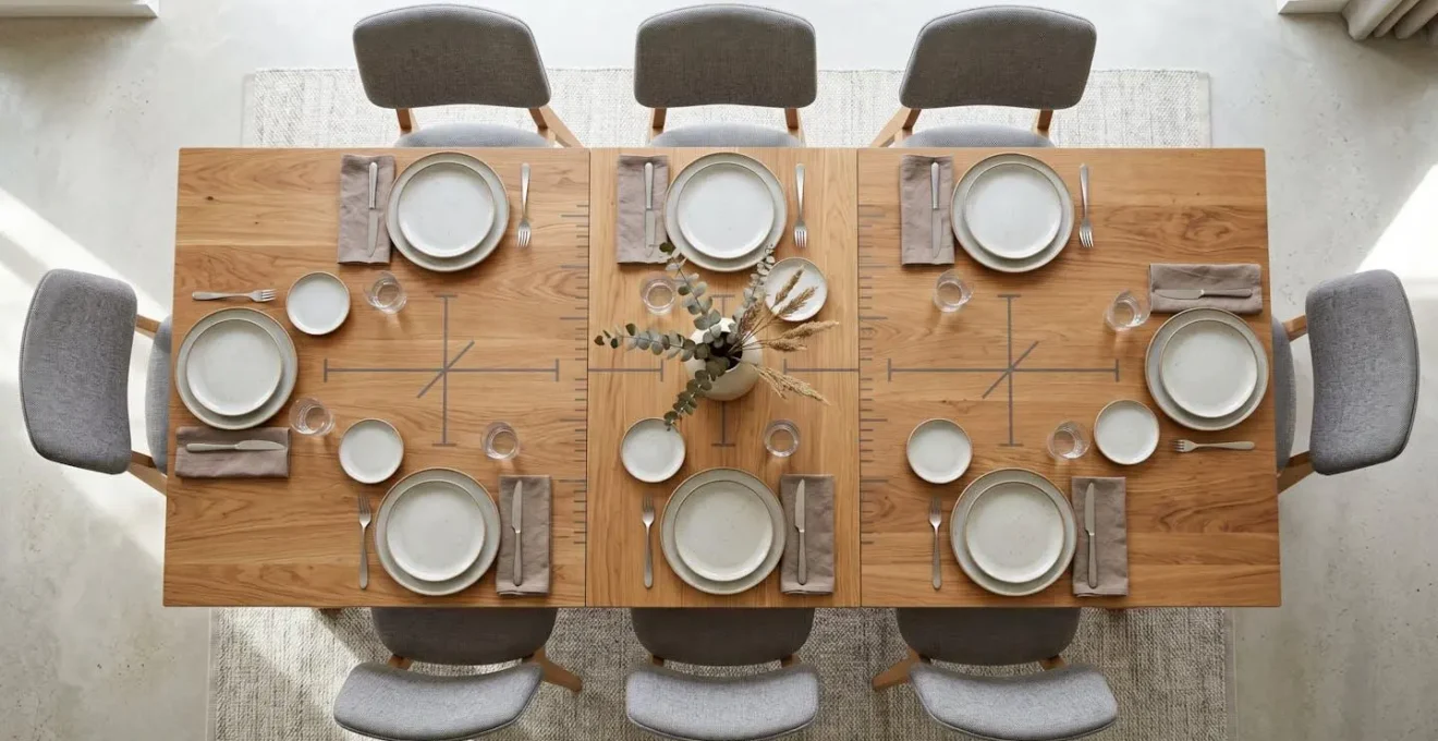 Vue aérienne d'une table relevable extensible dressée pour 6 personnes avec espacement optimal
