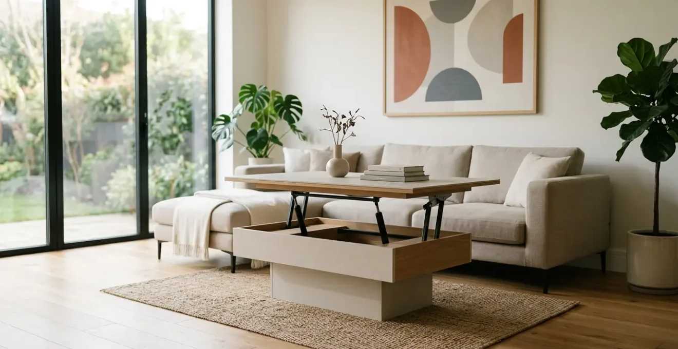 Table relevable moderne en position mi-haute dans un salon lumineux avec mécanisme visible