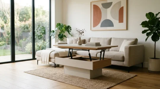 Table relevable moderne en position mi-haute dans un salon lumineux avec mécanisme visible
