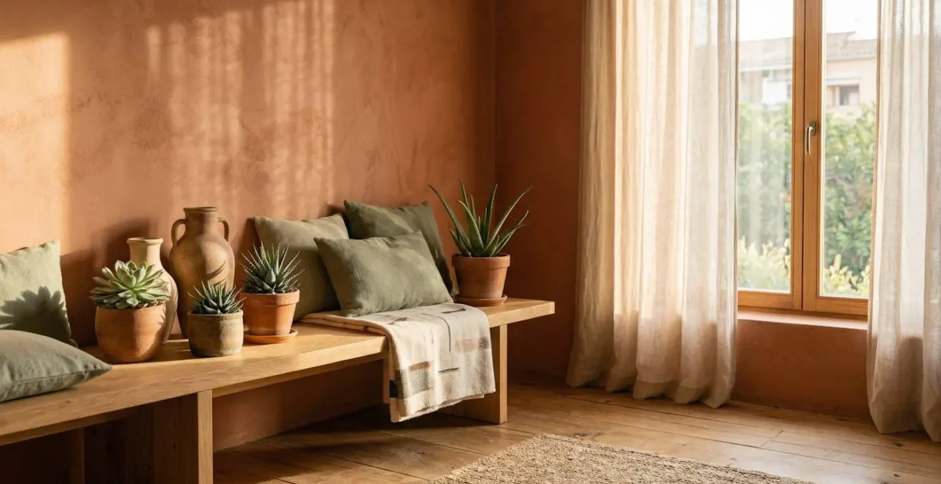 Intérieur lumineux avec murs terracotta et touches de vert sauge