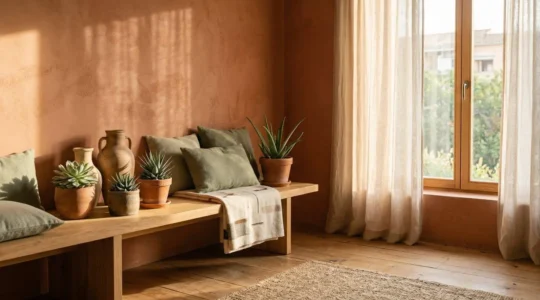 Intérieur lumineux avec murs terracotta et touches de vert sauge