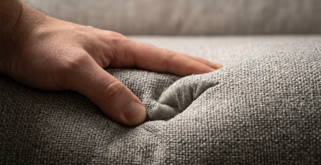 Démonstration du test de pression manuelle sur un coussin de canapé pour vérifier la résilience de la mousse