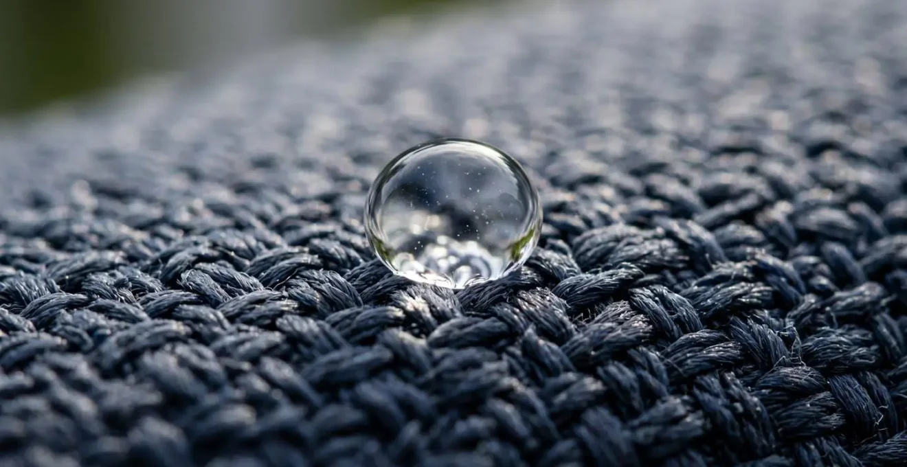Gros plan sur une goutte d'eau perlant sur un tissu de coussin extérieur traité