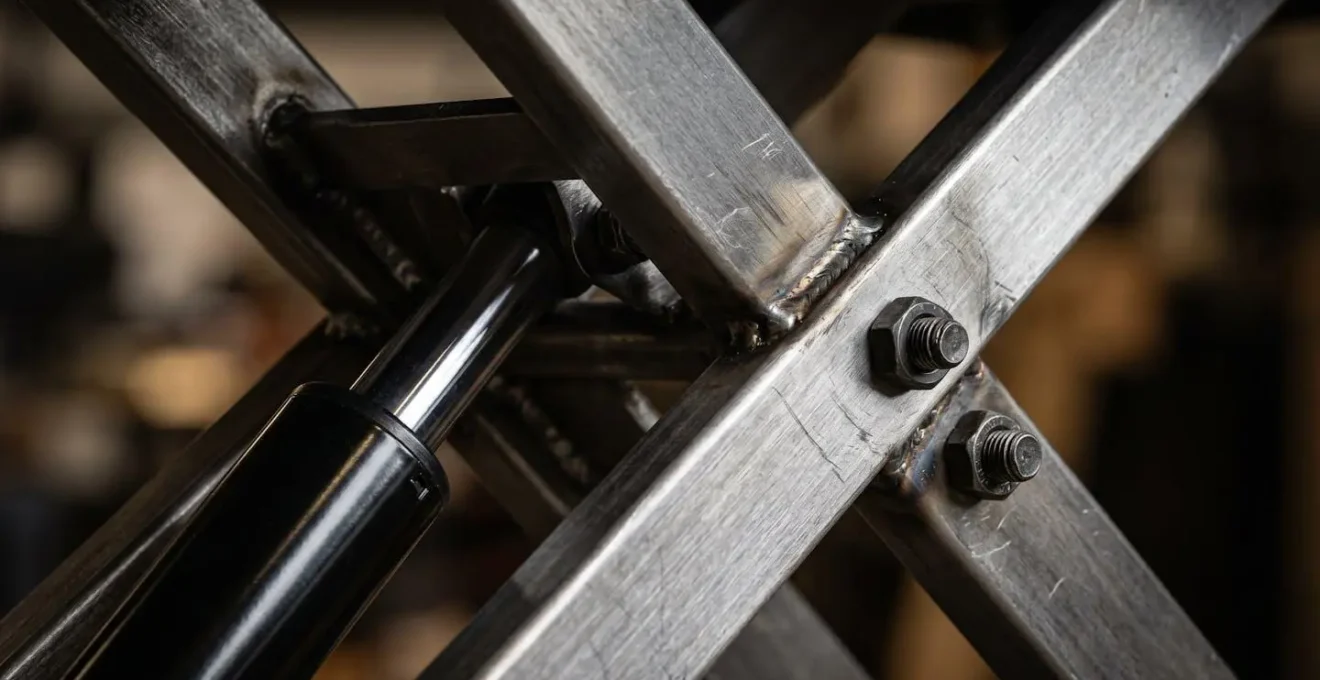 Gros plan sur le piétement métallique robuste d'une table relevable en position haute
