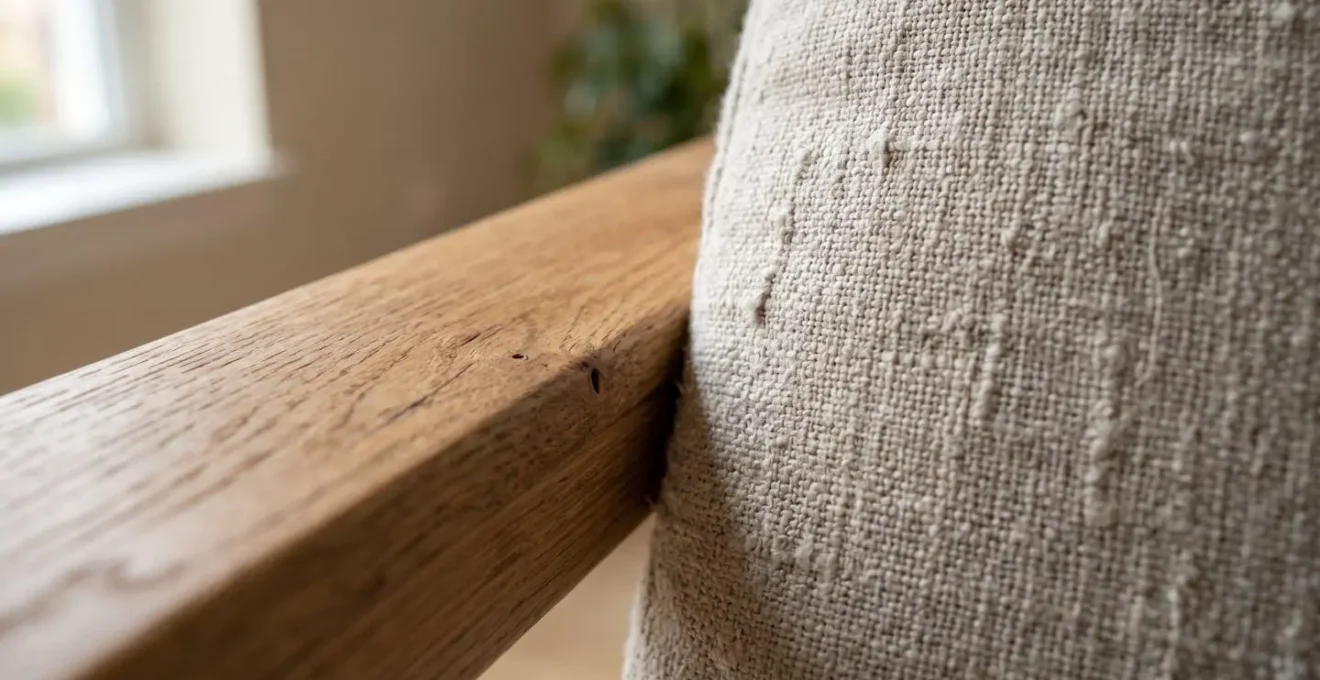 Gros plan sur l'association de bois de chêne clair et de tissu en lin beige dans un intérieur Japandi