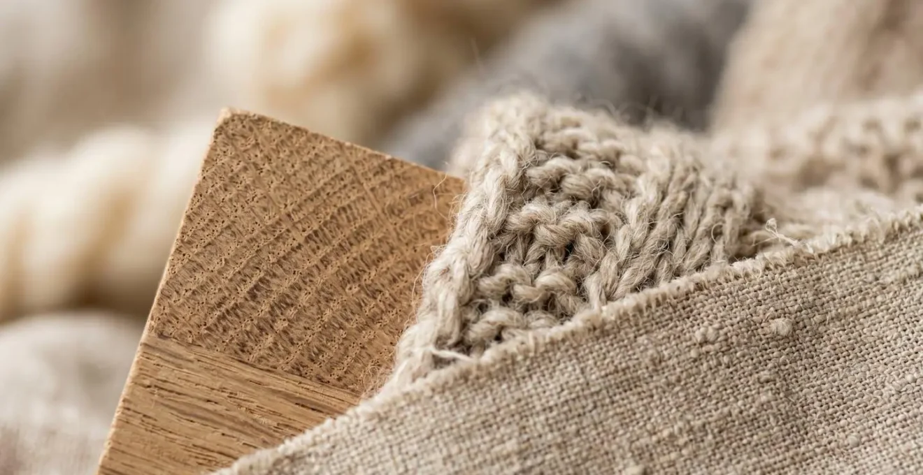 Détail macro de textures naturelles chaudes dans un intérieur minimaliste