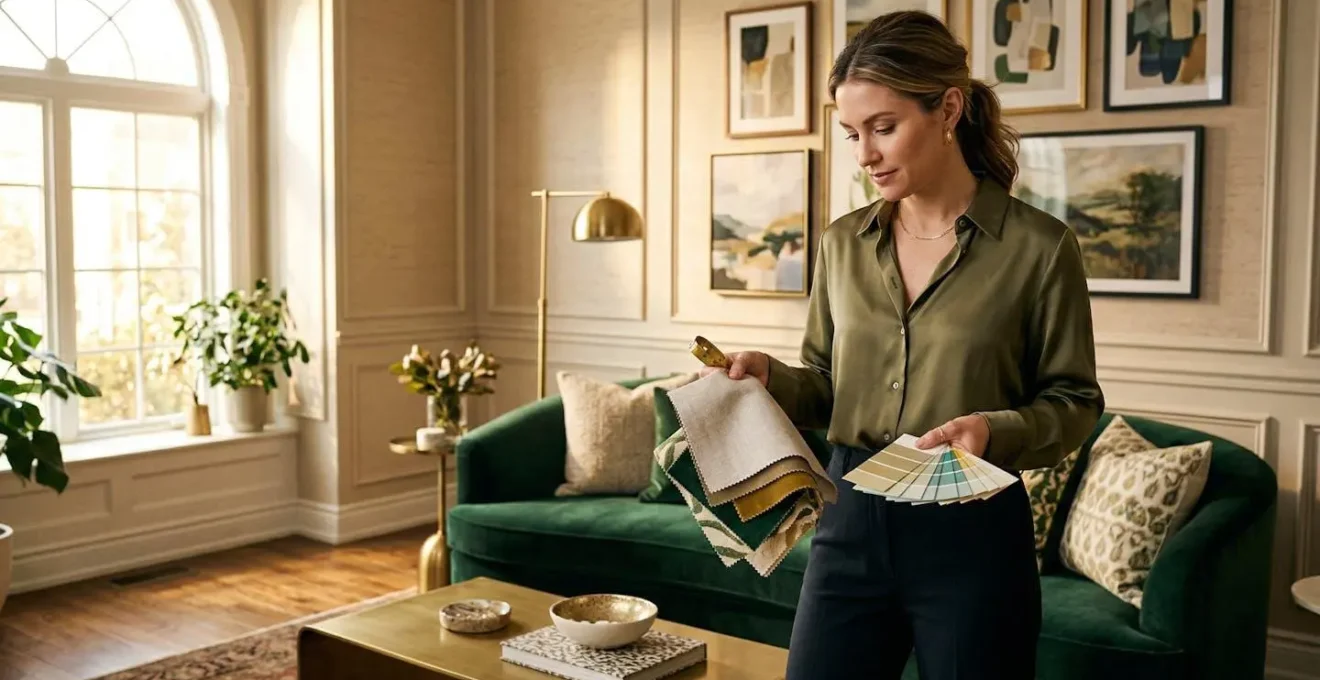 Un décorateur d'intérieur examine des échantillons de tissus et un moodboard dans un salon élégamment rénové
